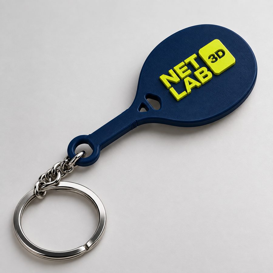 Chaveiro em formato de raquete impresso em 3D, azul com o logo NetLab 3D em amarelo