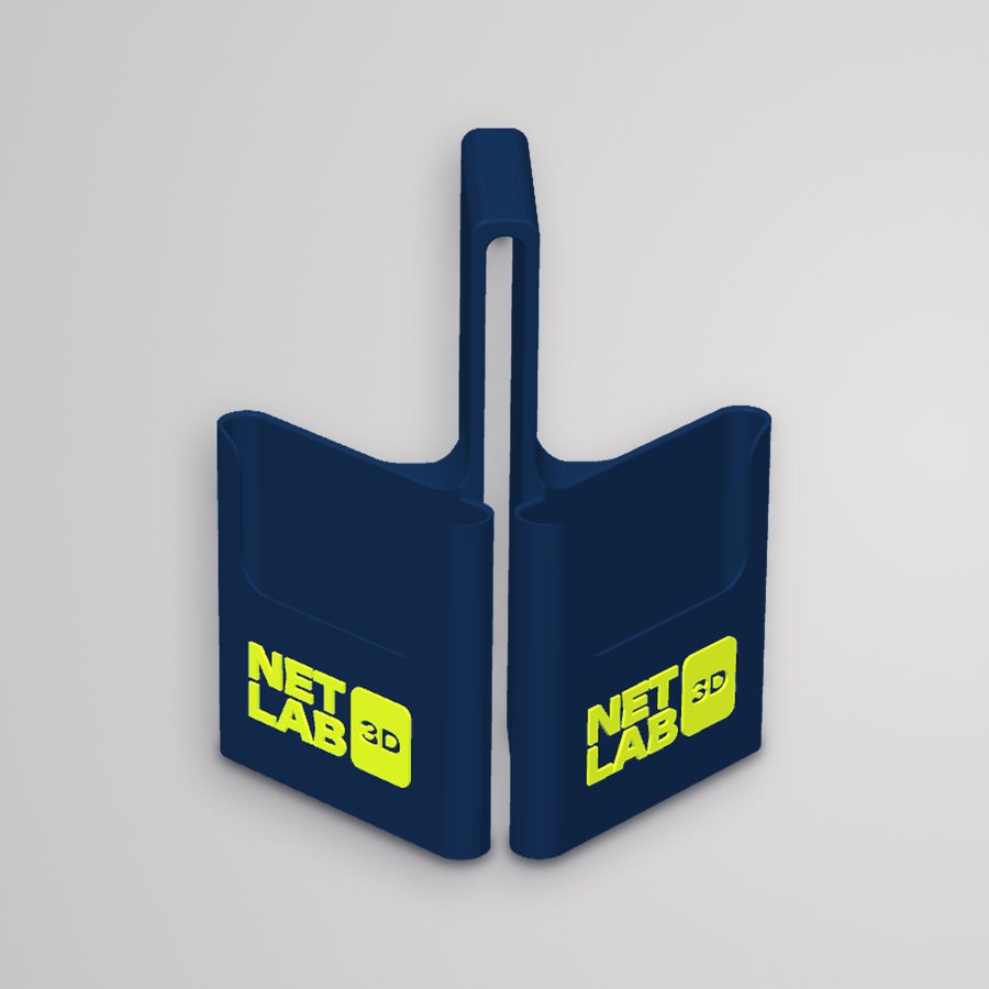 Suporte de celular azul para encaixar na rede, com logo NetLab 3D
